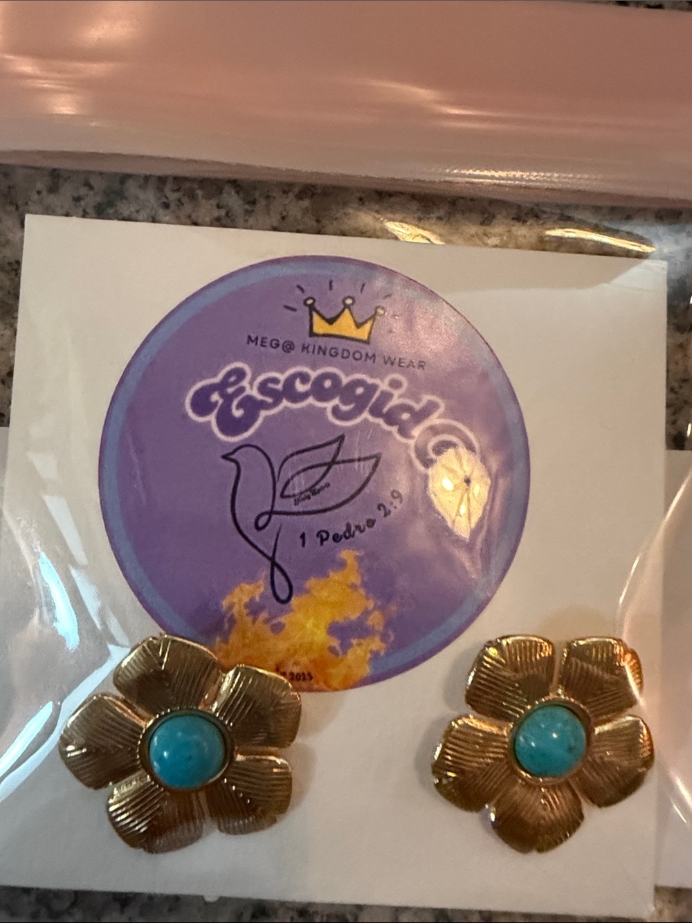 Gold Flower Earrings with natural Turquoise stone Centered